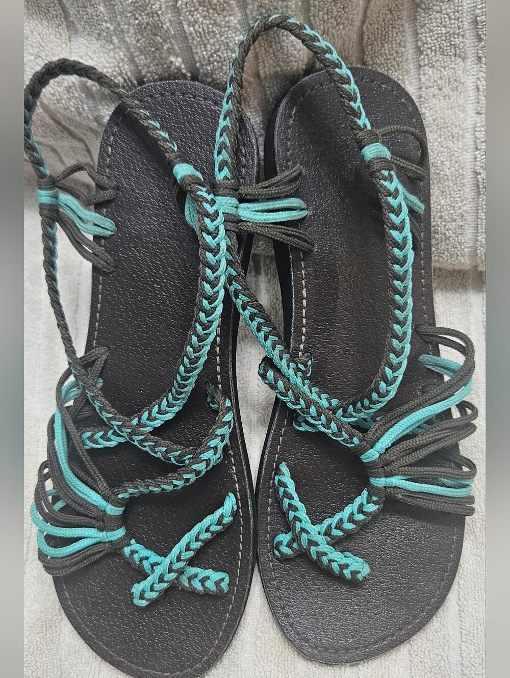 Braided Strappy Sandals in Black with Teal Accents